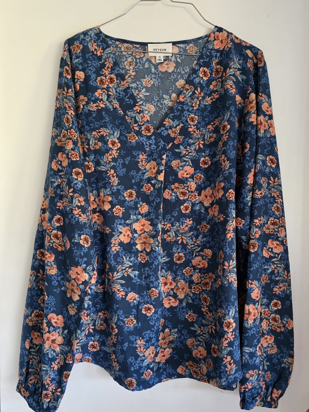 Heyson Floral V-Neck Blouse in Navy with Coral Flowers 1X